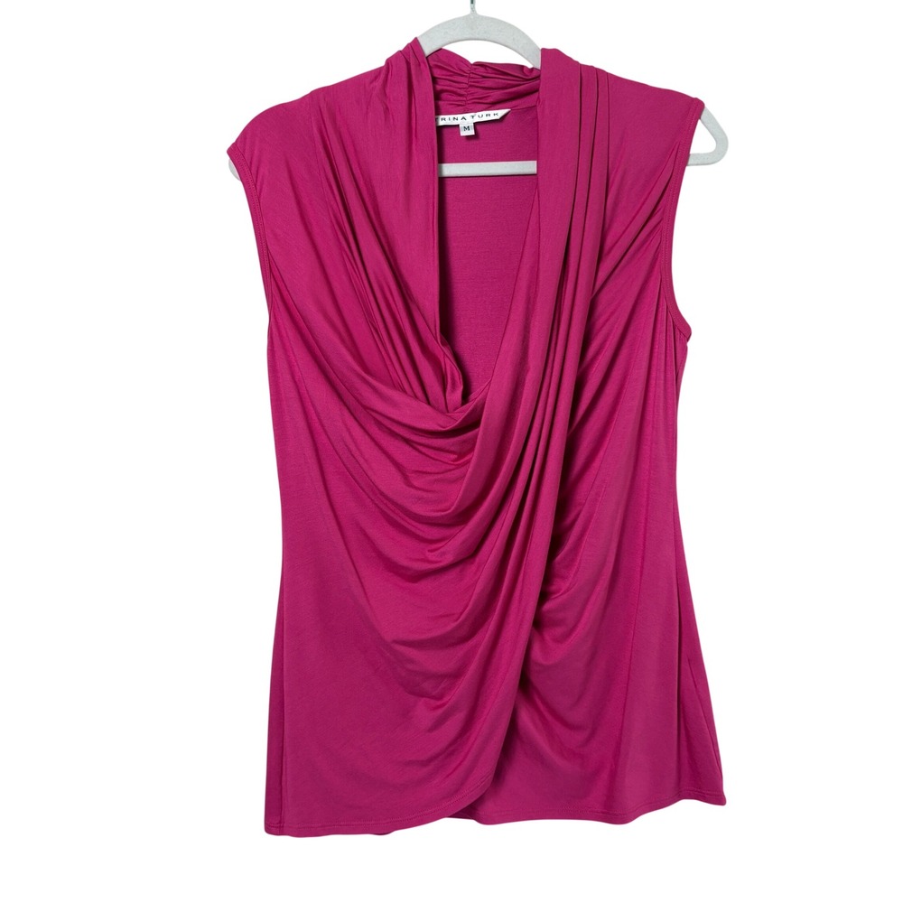 Trina Turk Cowl Neck Top Womens M Pink Draped Sleeveless Wrap Front‎ 133108